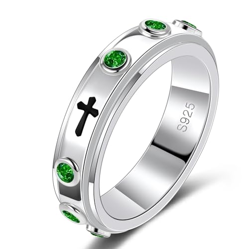 LYTTMAB 6MM Sterling S925 Silver Rosary Spinner Ring For Men Green Zircon Finger Decade Rosary Ring For Women Catholic Anxiety Fidget Ring Size 7
