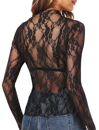 Buauty Women's Lace Long Sleeve Tops, Mock Neck Sheer Mesh Top, See Through Floral Lace Tops, Party Club Night Blouse Shirts3
