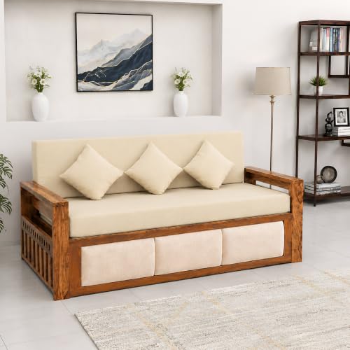 Image of SONA ART & CRAFTS Zeus Sheesham Wood 3 Seater Sofa Cum Bed | Wooden 3 Seater Sofa for Living Room Wooden Furniture Sofa Bed for Home (Natural Finish)