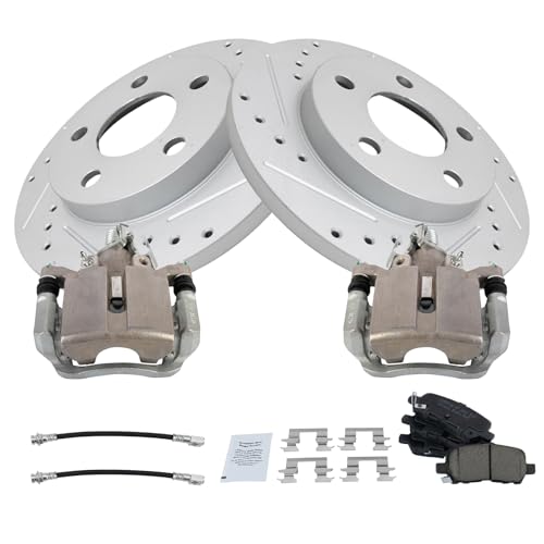 Image of TRQ Performance Rear Brake Pad and Rotor Set Ceramic Slotted Drilled G Coated Rotors Calipers Compatible with 2004 Pontiac Grand Prix