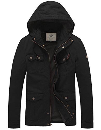 WenVen Men's Fashion Cotton Jacket Casual Hooded Military Jacket (Black,XL)