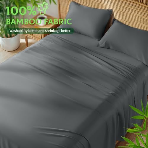 SONORO KATE 100% Viscose Derived from Bamboo_Sheets Queen Size, Ultra Breathable & Cooling Bed Sheets for Hot Sleepers, Hotel Luxury Silky Bedding Sheets, 16" Deep Pocket - 4PC (Dark Grey,Queen) - Thumbnail 4