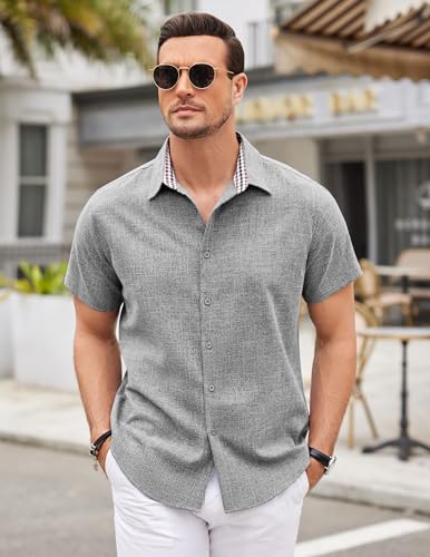 COOFANDY Mens Linen Shirt Casual Short Sleeve Button Down Shirts Summer Beach Vacation Tops3