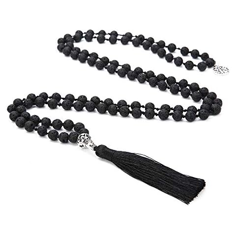 OAIITE 108 Mala Beads Necklace Semi-Precious Gem Stones Lava Necklace 108 Hand Knotted Japa Mala Beaded Tassel Necklace with Tree of Life Pendant Cover