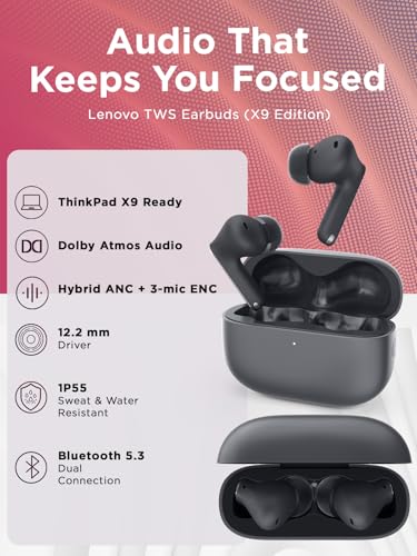 Image of Lenovo TWS Earbuds - True Wireless Earbuds with Active Noise Cancellation, Dolby Atmos Sound, 3 Mic ENC, IP55, Thunder Grey