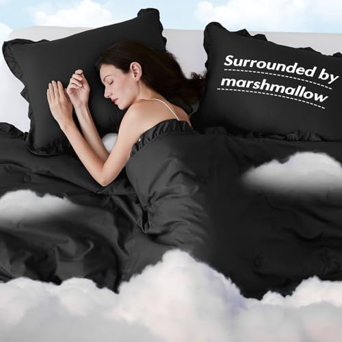 Image of HARBOREST Full Comforter Set Black - Ruffle Bedding for All Seasons, 3 Pieces Shabby Chic Set (1 Comforter & 2 Pillow Shams)