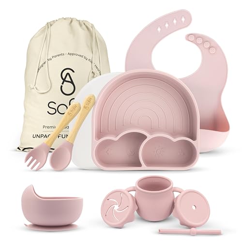 Image of SofiAl All In One Silicone Feeding Set - Safe for 6-12 Months - Non-Toxic Baby Led Weaning Supplies - Toddler Self Feeding Utensils - BPA-Free - Mess Free Essentials