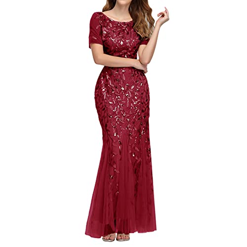 Vestido de noche de cola de pez para mujer, vestido de noche de tul con lentejuelas, manga corta, para boda, dama de honor, vestido largo hasta el suelo, vestido de baile, elegante, fiesta, club