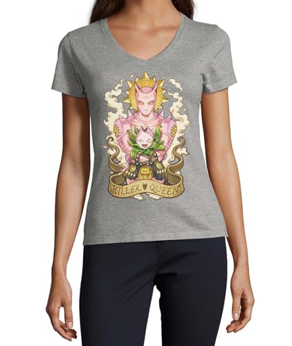 T-shirt anime col V en coton gris pour femme confortable au quotidien