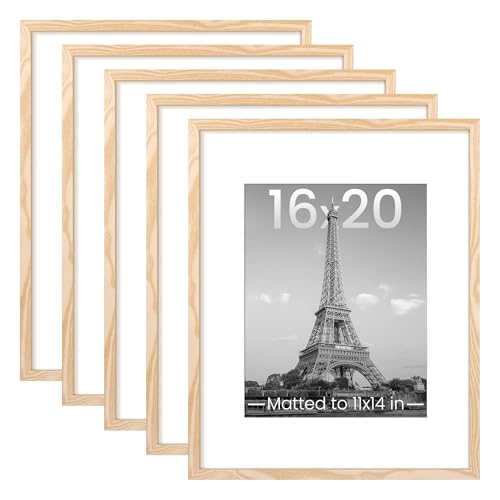 Image of upsimples 16x20 Picture Frame Set of 5, Display Pictures 11x14 with Mat or 16 x 20 Without, Wall Gallery Poster Frames, Natural