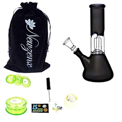 Newzenx Glass Bong Single Perc Feature Ice Bong Black 8 Inch Including Storage Crusher, Fancy Velvet Pouch and Accessories