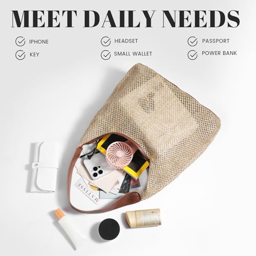 Image of Straw Beach Bags for Women- Beach Bags for Women, Mesh Tote Bag Leather Hobo Purse with Pouch for Vacation, Travel Essentials