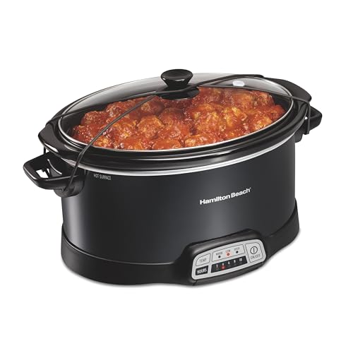 Comparison: Hamilton Beach Slow Cooker 5 Hamilton Beach Portable 7 Quart Programmable Slow Cooker with Three Temperature Settings, Lid Latch Strap for Easy Travel, Dishwasher Safe Crock, Black (33474G)