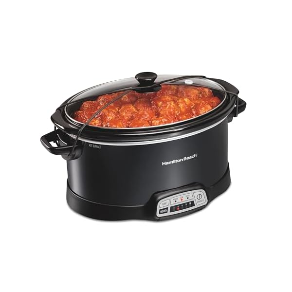 Hamilton beach portable 7 quart programmable slow cooker with three temperature settings lid latch strap for easy travel dishwasher safe crock black 33474g  urban country home decor