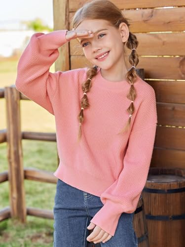 Image of Haloumoning Girls Knit Pullover Sweaters Mock Neck Long Lantern Sleeve Jumper Tops 5-14 Years