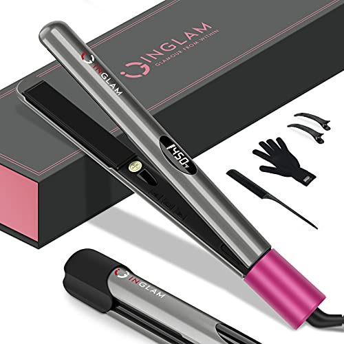 IG INGLAM Hair Straightener with Curler, Flat Iron Negative Ionic, Hair Straightening with 1" Ceramic Tourmaline Plates for Smooth Styling, LED Display & Auto Off, Grey & Rose Red