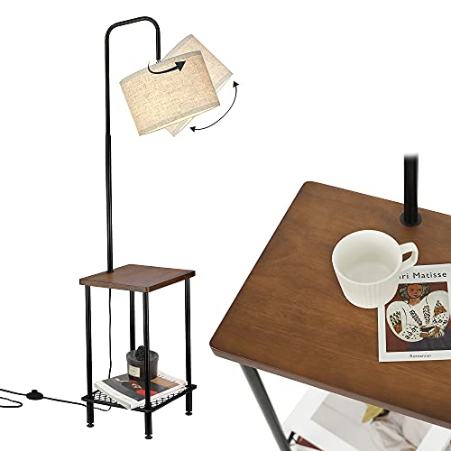 ELYONA Wood Floor Lamp with End Table, Industrial Tall Pole Standing Lamp with 9W LED Bulb, Mid Century Modern Side Table Lamp for Bedroom, Living Room, Farmhouse,Office,Guest Room - Walnut