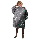SOCHOW Glow in The Dark Galaxy Stars Wearable Blanket Hoodie for Kids, Sherpa Blanket Sweatshirt with Pockets and Elasticc Sleeve, Grey Fits 6-9 YR