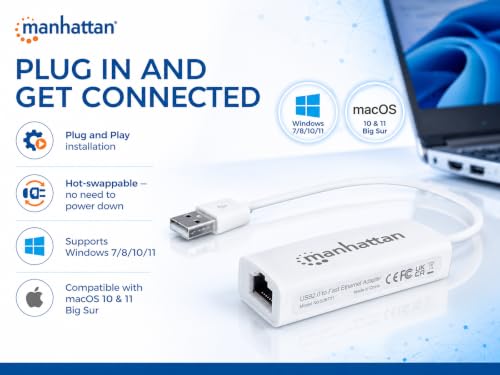 Image of Manhattan USB to Ethernet Adapter - 10 / 100 Mbps Fast Ethernet LAN Network - Support Windows 10 /8.1 /8 /7 /Vista /XP for Desktop Laptop Apple MacBook Linux - 3 Year Warranty - 506731 | USB 2.0 to RJ45 LAN dongle with plug-and-play setup, hot-swap use, PXE boot and auto-speed detection for PC use