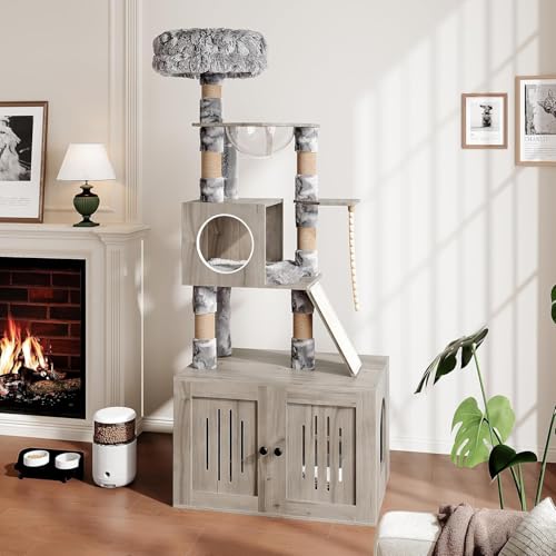 Garvee Cat Litter Box Enclosure with Cat Tree Tower and Condo Hidden Cat Washroom Furniture with Sisal Scratching Post and Soft Plush Perch Wooden Cat Furniture with Multiple Platforms