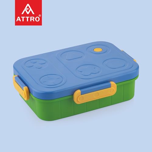 Image of ATTRO TicTac Plastic Lunch Box - 3 Compartment Bento Tiffin, Leak-Proof & Durable, Ideal for Kids, School, Picnic- 1200ml+80ml, Blue Green