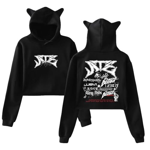 PHARCOYOU Stray Kids Ate Tracklist Merch Pullover Femminile Orecchie di Gatto Felpa Con Cappuccio Manica Lunga Crop Top Donne Vestiti di Modo, Nero , L