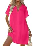 Halife Women Beach Fashion Bathing Suit Cover Up V-Neck Hort Sleeve Swimsuit Coverup Dress 2025 Cruise Outfits Rose Red S