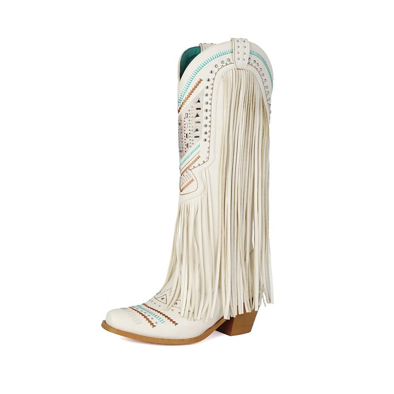 Stivali da cowboy da donna con ricamo, frange e borchie a blocco, stile vintage