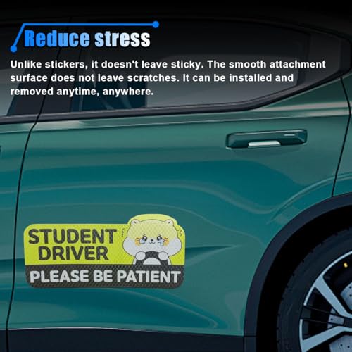 Image of Student Driver Car Magnet, Please Be Patient Reflective Magnetic Sticker, Removable New Driver Magnet Car Bumper Sticker, Cute Cartoon Pattern Safety Warning Sign for New Drivers (Kitten 2)