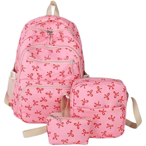 Bow Backpack for Women Coquette, Pink Bow Backpack, Cute Kawaii Nylon Backpacks Set (Rose Red)