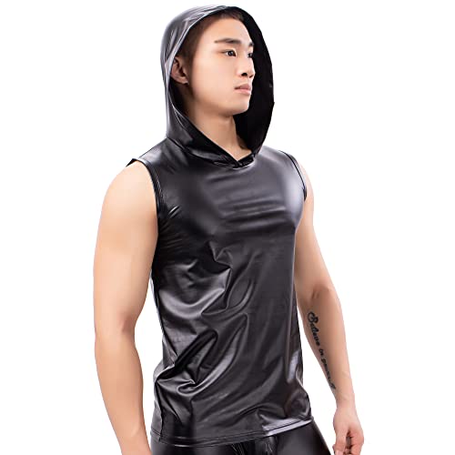 Herren Kunstleder Tank Top Unterhemd Wetlook Kapuzen ärmellose Weste Muscle Shirt Clubwear