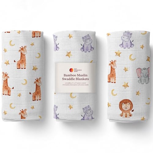 Image of San Francisco Baby Muslin Swaddle Blankets, 3-Pack - Soft Bamboo Rayon and Cotton Receiving Blankets for Boys & Girls - Adorable Animal Design