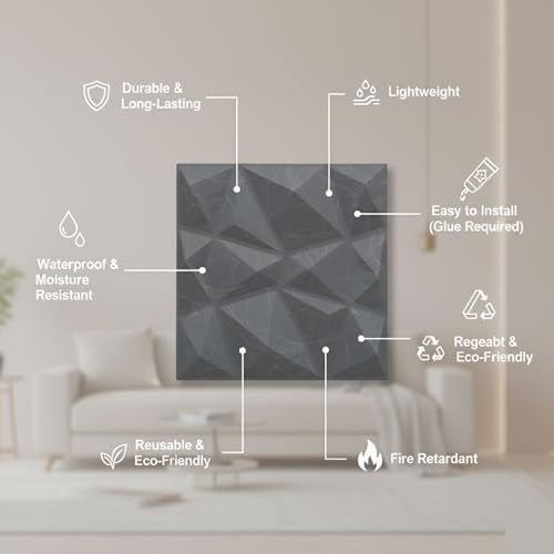 Image of Kayra Decor Wall Panels for Bedroom - PVC Diamond Design, Grey Marble Color 19.7 inch X 19.7 inch (Pack of 12) - Covers 32.34 Sq. Ft.
