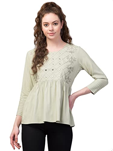Image of FIMS - Fashion is my style Women Cotton Pleated & Gathered Embroidery Stone Full Sleeves Top Regular Fit Round Neck Tops for Girls