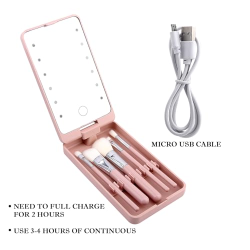Image of PRIME PICK Glow Pro Vanity Mirror 2 in 1 Rotatable Makeup Mirror LED Light Dimmable Touch Control with 5 Makeup Brushes Portable Travel Beauty Mirror for Women Pink