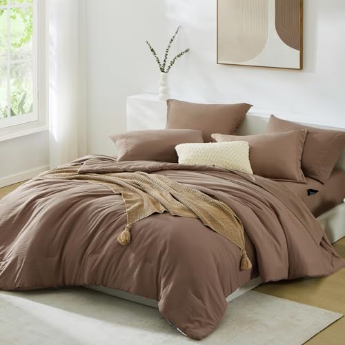 Image of Queen Comforter Set-7 Pieces Soft Prewashed Bed in a Bag Queen Bedding Sets | All Season Comforter with Sheets, Pillow Shams & Pillowcases, Brown
