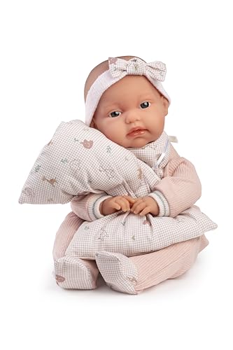 Muñecas Antonio Juan - Tonette avec bavoir posturites, poupée bébé avec corps flexible, bavoir et oreiller décoratif, rose