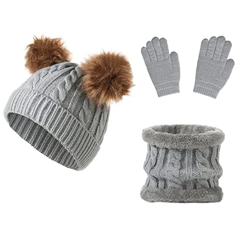 Kids Winter Knitted Hat Scarf and Gloves Set, YloveM Boys Girls 3 Piece Double Pompoms Fleece Keep Warm Hat Cold Weather Set for Toddler Children 3-8 Years (C- Gray) Cover