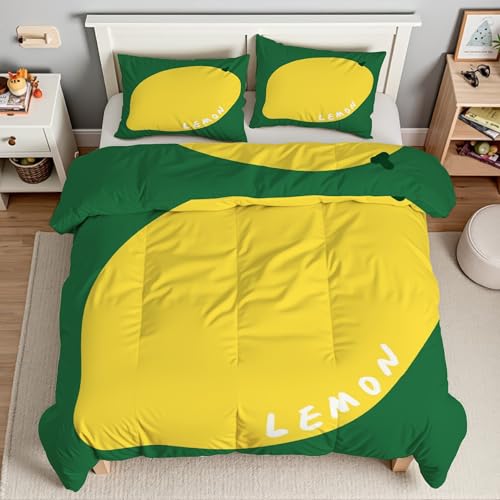 Parure de lit 220x240 citron et vert en microfibre avec 2 taies d'oreiller