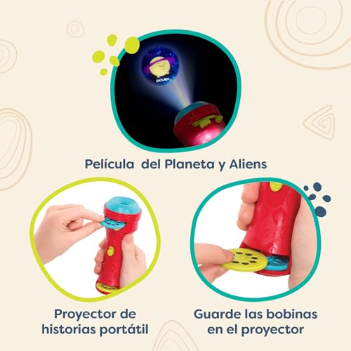 B. toys - Light Me to The Moon - Rot - Projektor-Taschenlampe - 2 Bilder - Planeten- und Alien-Projektionen - Weltraumspielzeug für Kinder - 4 Jahre +