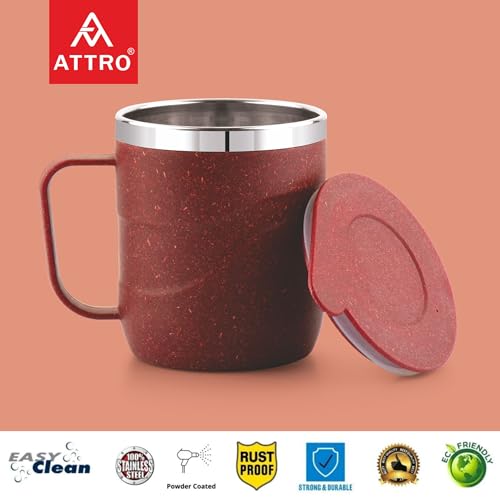 Image of ATTRO Brew Mug - Stainless Steel Inner with eco Friendly Outer Body,Durable & Stylish, Microwave Safe Coffee /Tea Mug with Handle & Lid, Ideal for Home, Office, Travel & Gifting - 300ml - Crimson Red