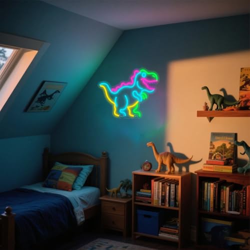 Image of Kids Dinosaur Neon Light - Dimmable LED Decor for Children's Bedroom, Dinosaur Birthday Party Decor, Gift for Boys & Girls Age 5-12, 15x12.4 inch USB Powered