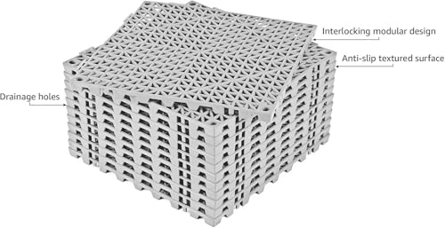 Image of ToLanbbt Modular Interlocking Cushion 24P 11.8 inch x 11.8 inch Interlocking Rubber Floor Drain Holes Non-Slip Splicing Drainage Mats for Deck, Shower, Kitchen, Drain Pool, Sauna Bath, Indoor Outdoor (Grey)