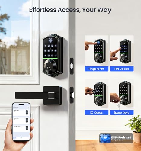 Veise VE017-B Fingerprint Smart Lock for Front Door, App Control, 8-in-1 Keyless Entry Deadbolt with 2 Zinc Alloy Lever Handles Set, Emergency Power Port, Auto Lock, Electronic Keypad, Black - Image 3