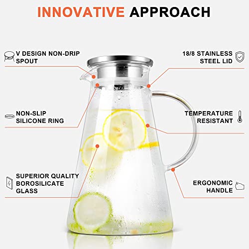 Susteas 2.0 Liter 68Oz Glass Pitcher With Lid, Easy Clean Heat Resistant Glass Water Carafe With Handle For Hot/Cold Beverages - Water, Cold Brew, Iced Tea & Juice, 1 Free Long-Handled Brush Included #TOP2