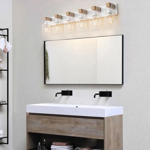 Image of IZORRO Farmhouse Bathroom Vanity Light, 6-Light Wood Bathroom Light Fixtures Over Mirror, Matte White Industrial Vanity Lights with Metal Shade, Rustic Restroom Lighting Fixtures