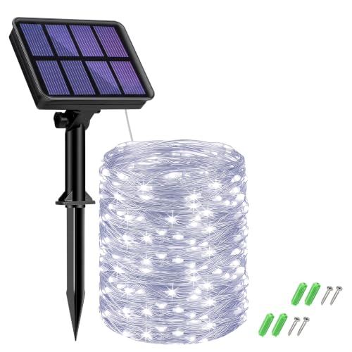 btfarm 1 Pezzi Luci da Esterno Giardino Solari, 15M 150LED Catena Luminosa Esterno Solare, 8 Modalità Impermeabili Filo di Rame Led Lucine Esterno Energia Solare Per Albero Natale, Bianco Freddo