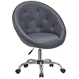 Duhome Schicker Rollhocker, Bürostuhl ohne Armlehne Schreibtischstuhl mit Rollen aus Kunsteder Drehstuhl Rund Arbeitshocker Höhenverstellbar mit Rückenlehne, Grau