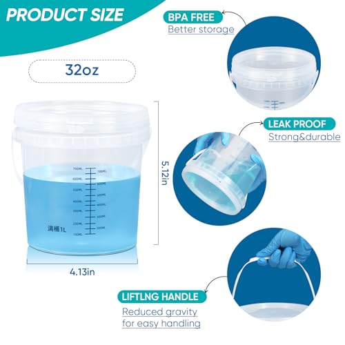 Image of ASEVAT Clear Bucket Graduated Pail Container with Lid, Food Grade Buckets, Cleaning Containers Plastic Pails Extra Durable Handles with Grip for Easy Carrying (ClearRound, 0.3gal)