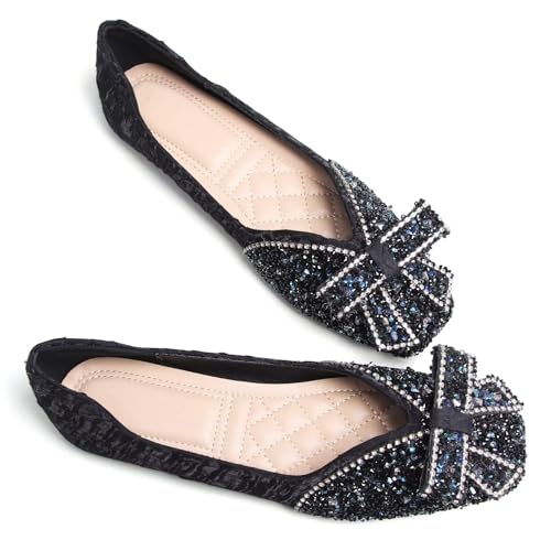 Image of SAILING LU Women's Rhinestone Square Toe Bowknots Ballet Flats Loafers